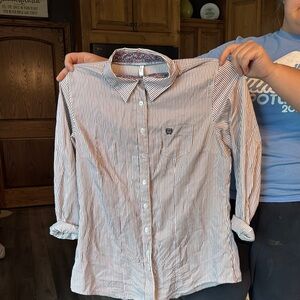 Cinch Multicolor Striped Shirt with Floral Accents